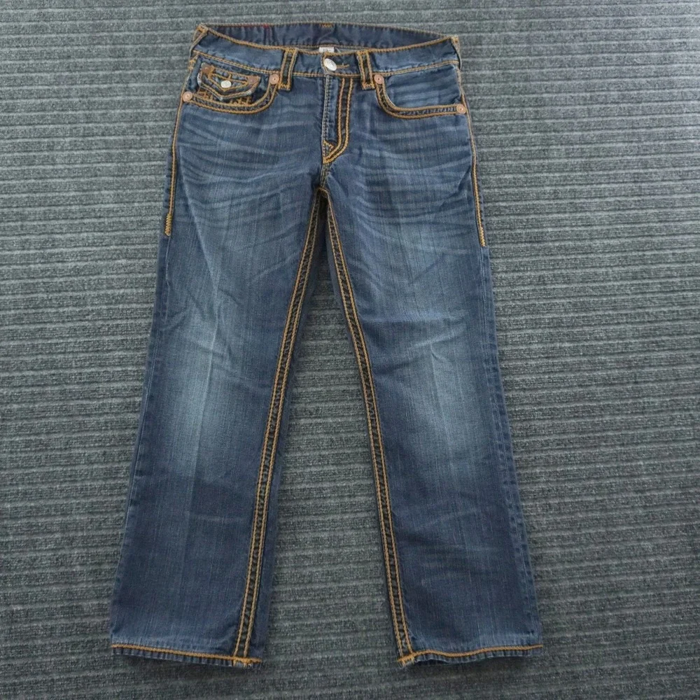 True Religion Straight Flap Jeans Mens 33 Blue Rope Stitch Contrast Pocket